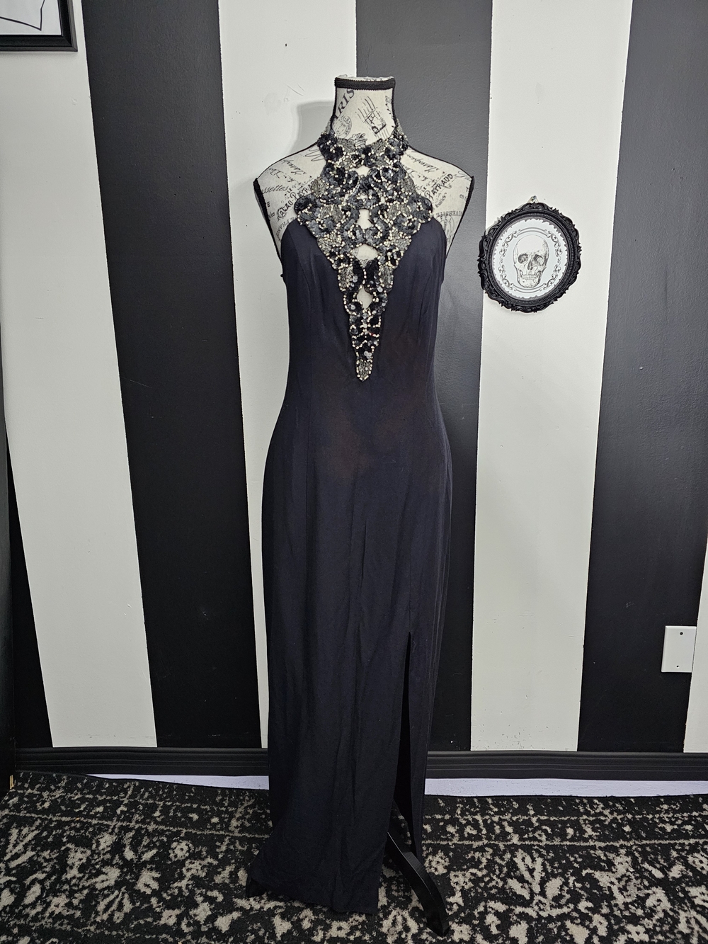 Vintage Black Maxi Dress with Ornate Beaded Halter